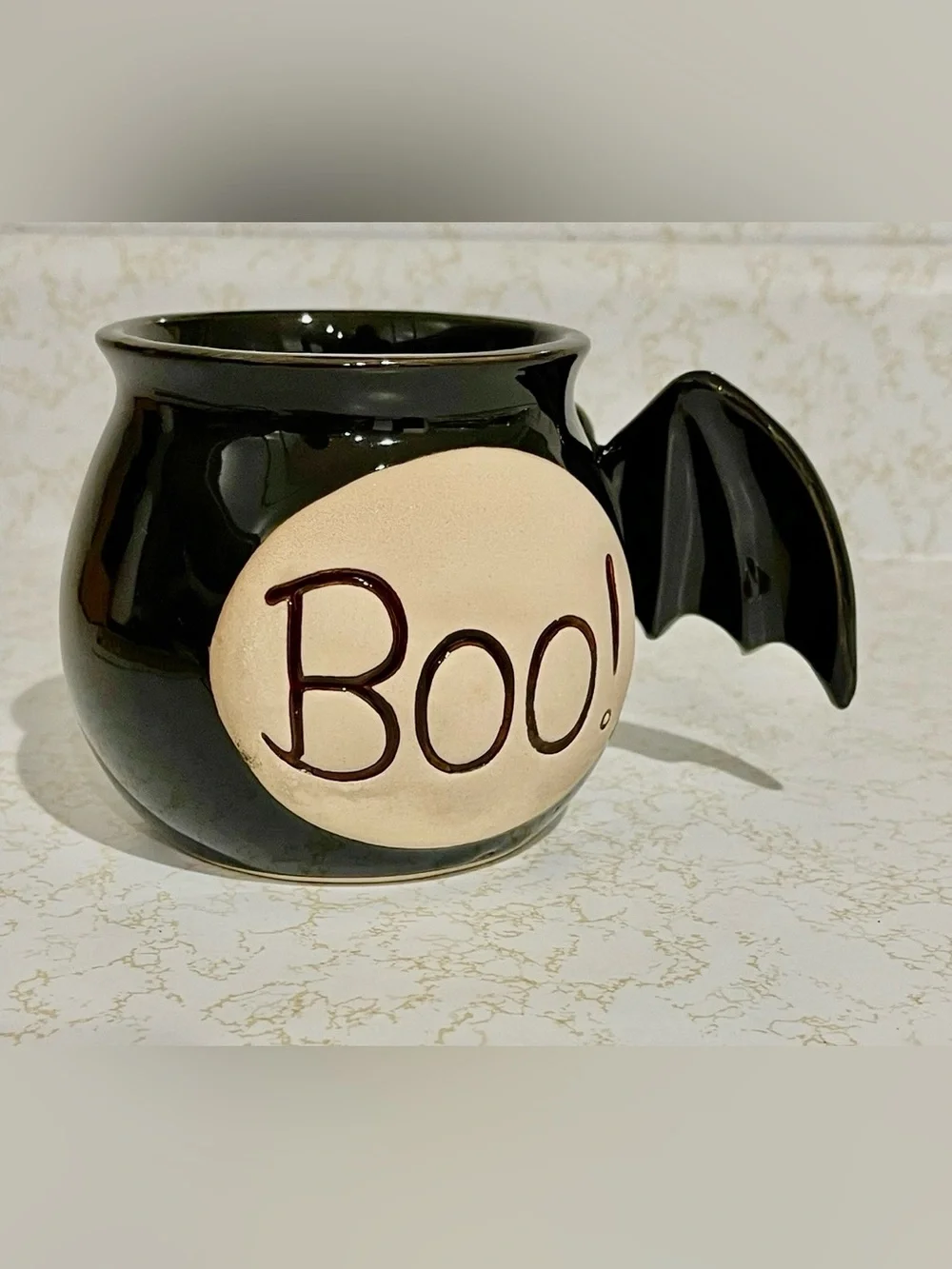 BOSTON WAREHOUSE HALLOWEEN WITCH CAULDRON COFFEE MUG CUP BAT WING 3D HANDLE BOO!